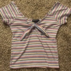 Small Cropped Striped Tie Front Cutout Shirt